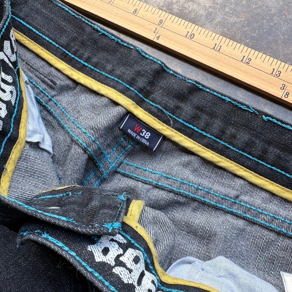 COOGI Mens Tiger Embroidered Baggy Jeans Dark Wash Denim Teal Stitching W38 - Picture 5 of 6